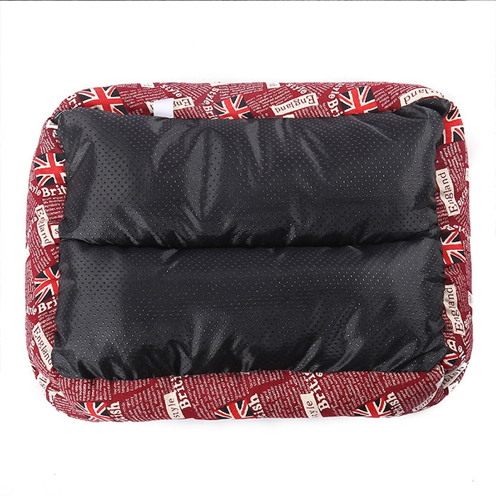 Dog kennel mat base with black quilted inner lining and red Union Jack outer border