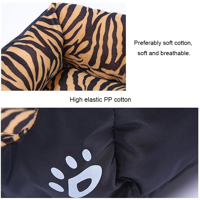 Zebra-print dog kennel mat cover with dark breathable backing and white paw emblem