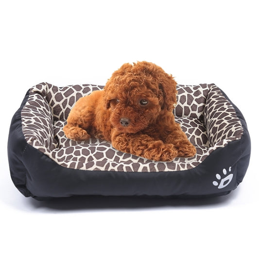 Four-seasons pet kennel mat, zebra-print cushion, black sides, paw logo; size S.