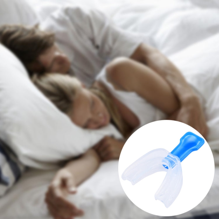 Clear mouthpiece with blue handle, EVA stop-snoring set in inset close-up