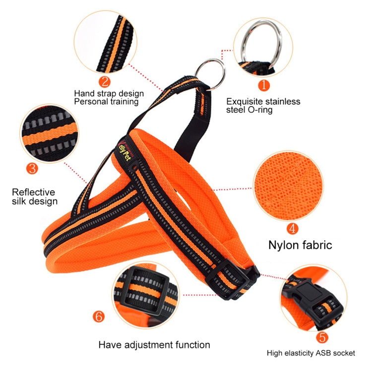 Orange reflective dog chest harness with stainless steel D-ring and adjustable design