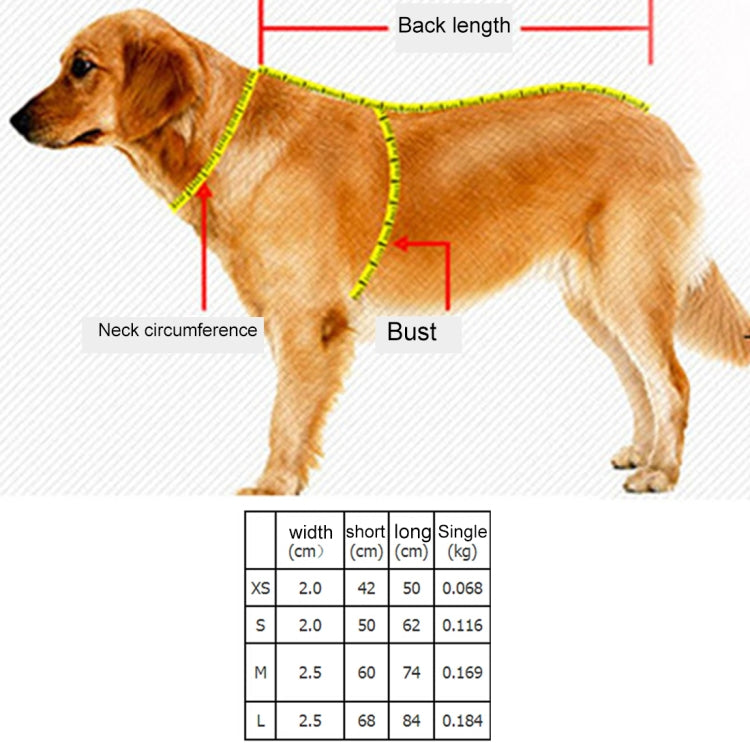 Dog chest harness sizing chart with neck and bust measurements, XS table