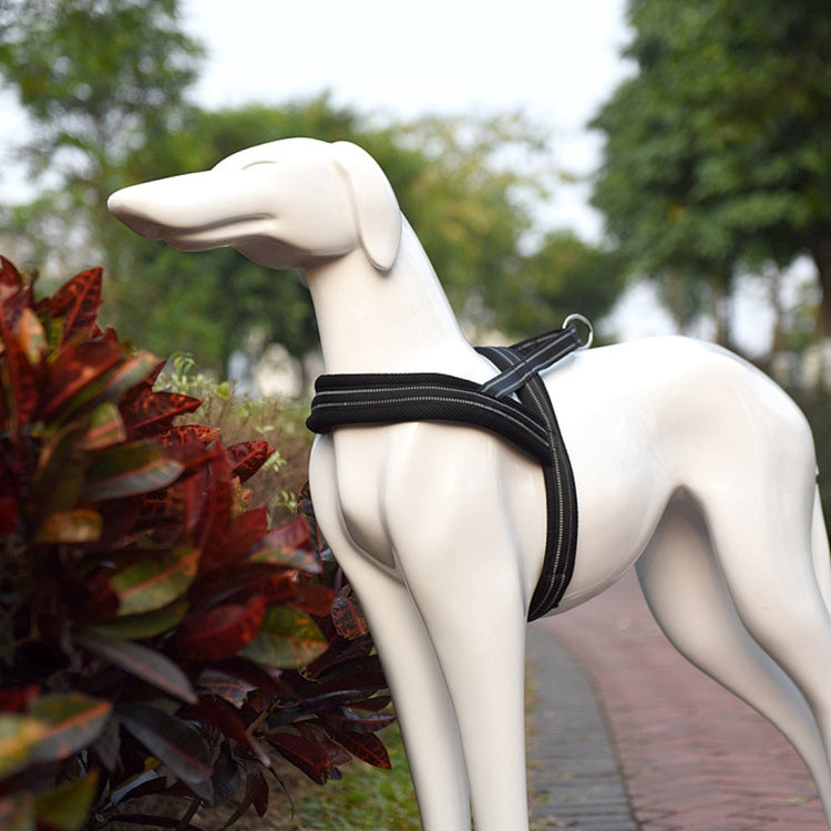 Black reflective dog chest harness on a mannequin, front D-ring and shoulder straps