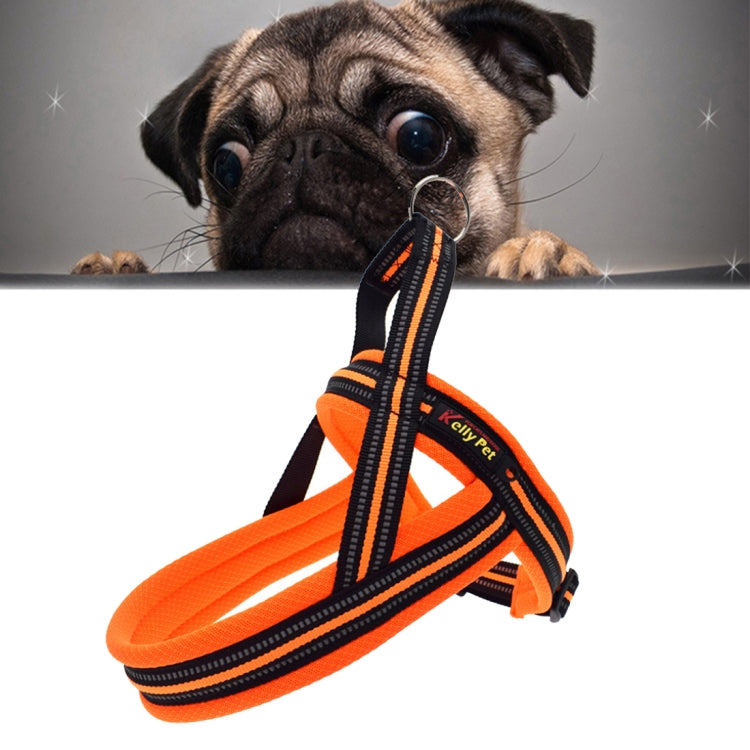 Orange reflective dog chest harness with front D-ring and black traction webbing