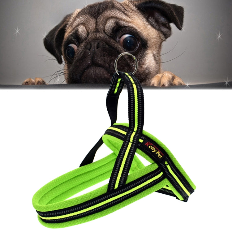 Green reflective dog chest harness with front D-ring and adjustable chest straps