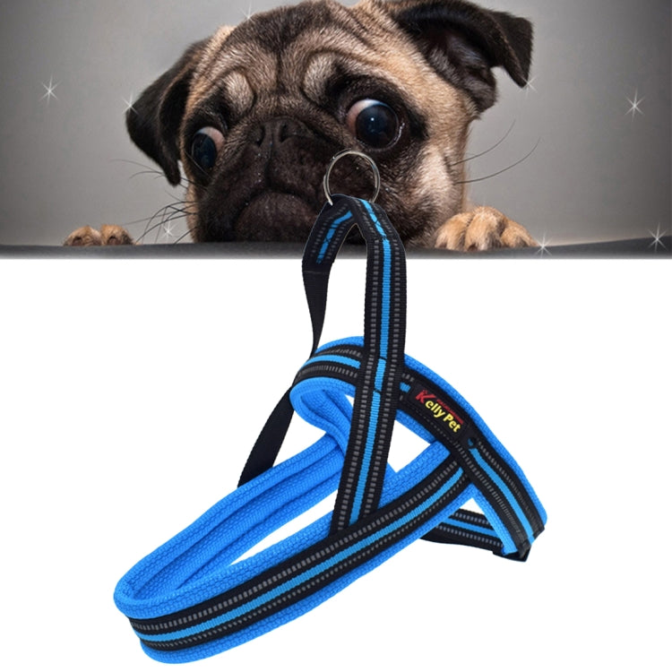 Blue reflective dog chest harness with front D-ring, padded chest and traction webbing