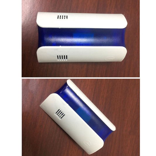 White and blue ultrasonic pest repellent showing top and side vent slots