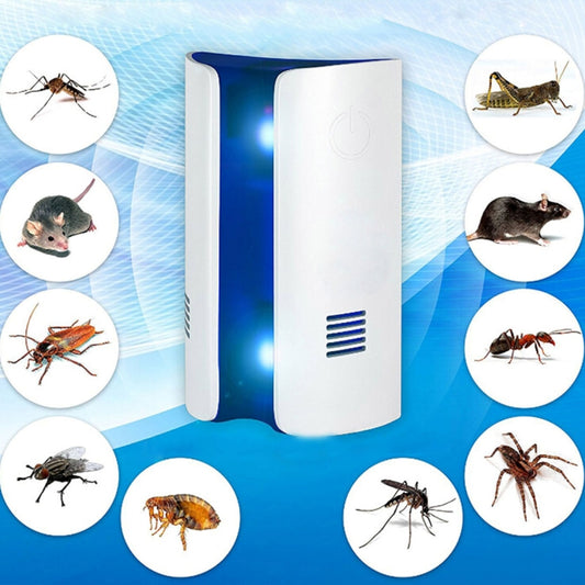 White ultrasonic pest repellent with blue indicator light and side vents, wall plug device