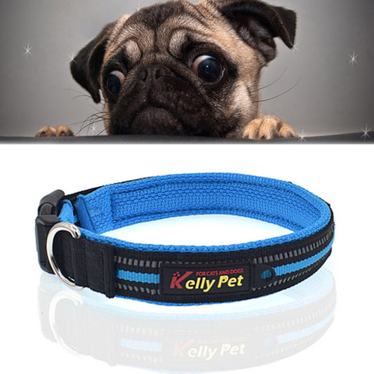 Blue reflective dog collar with black buckle strap and Kelly Pet logo, loop D-ring