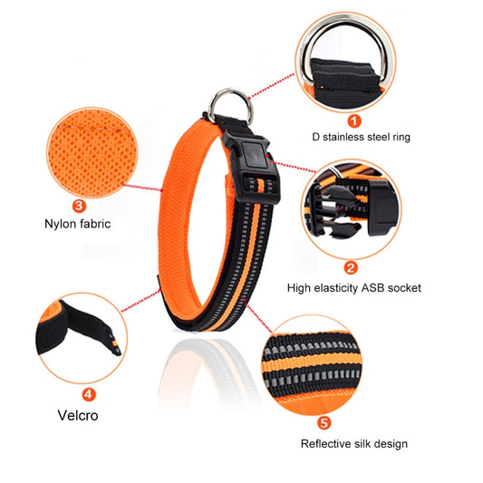 Orange reflective dog collar with metal D-ring and textured webbing