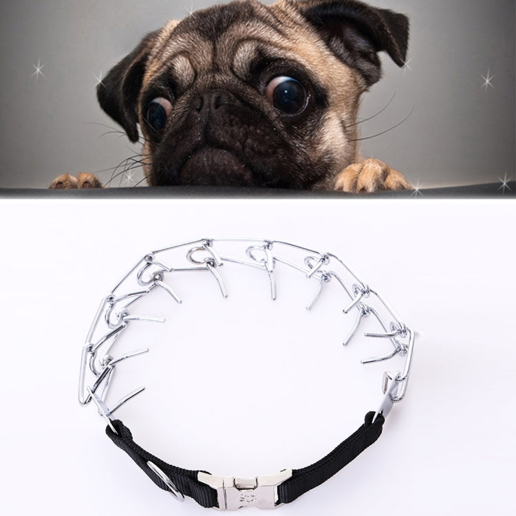 Adjustable metal chain dog collar with black fabric backing