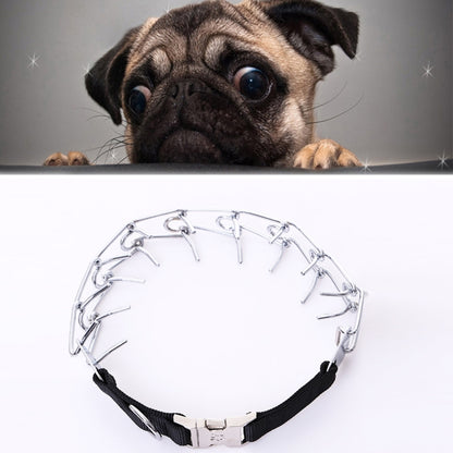 Adjustable metal chain dog collar with black fabric backing