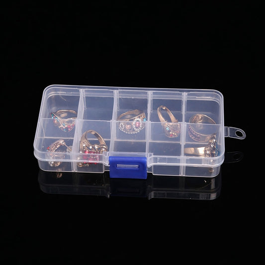 Removable grid jewelry organizer box, clear case with blue latch and empty 10 compartments