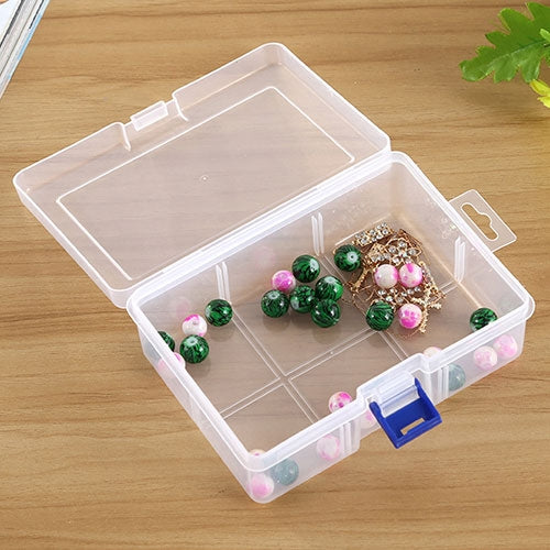 Clear plastic jewelry organizer box with open lid, 6 compartments, bead jewelry inside