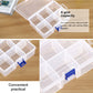 Clear plastic organizer box showing 6 grid compartments with blue latch and sliding dividers