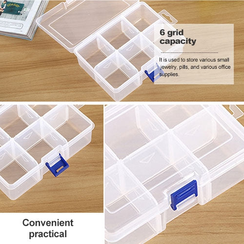 Clear plastic organizer box showing 6 grid compartments with blue latch and sliding dividers