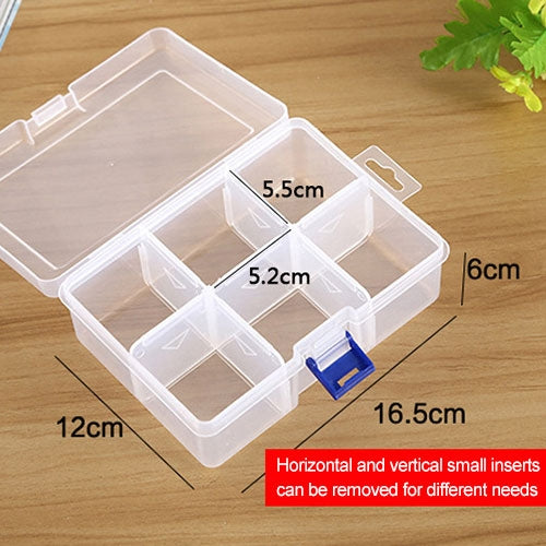 Clear plastic jewelry organizer box with removable inserts, 6 compartments, blue latch