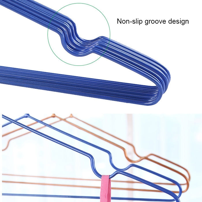 Blue PVC-coated clothes hanger with textured non-slip groove design