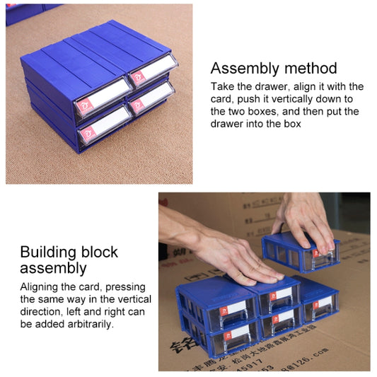 Stacked plastic drawer component boxes with clear fronts, shown with two-unit alignment