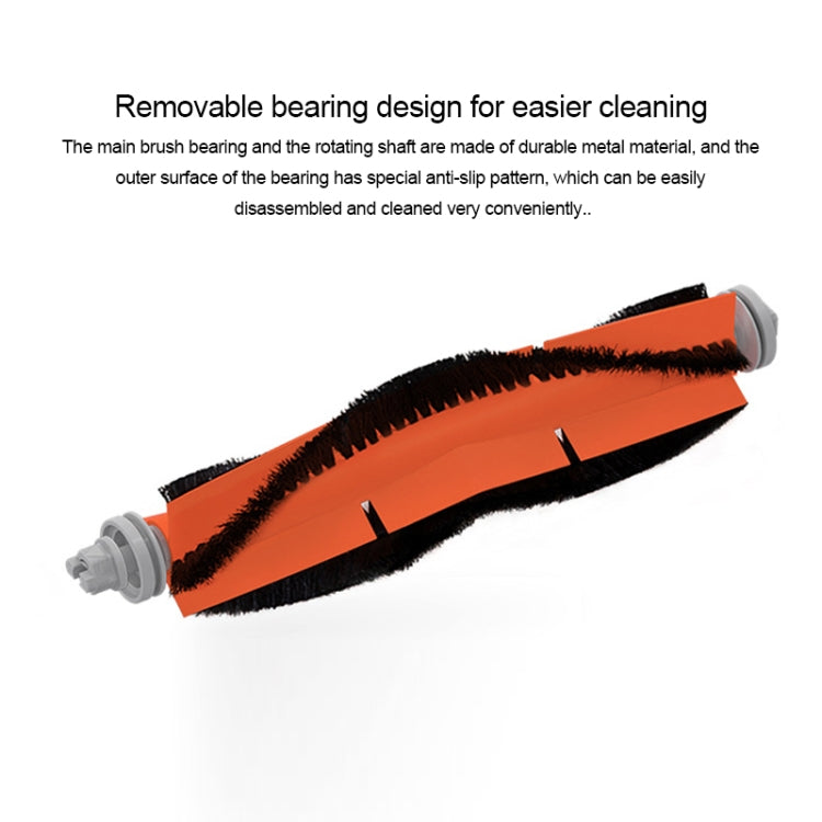 Orange main brush roller with black bristles and gray end caps