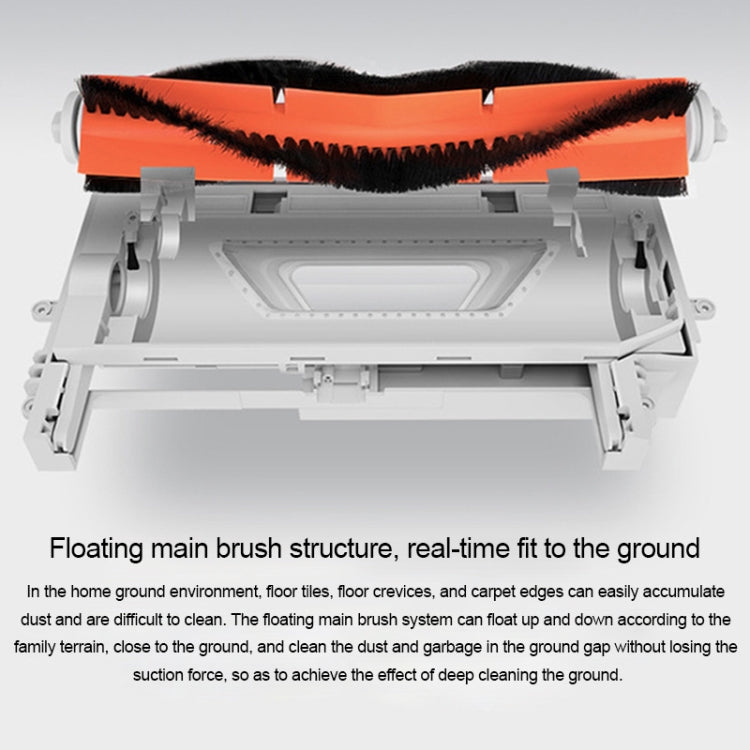 Orange main brush roller with black bristles on a white housing frame