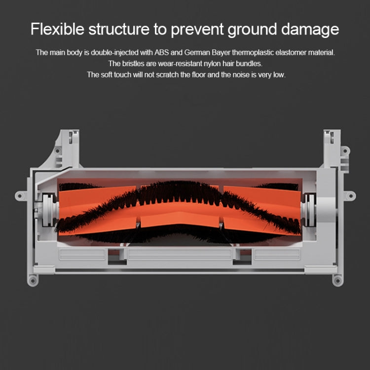 Orange bristle main brush roller inside white robot chassis, close-up