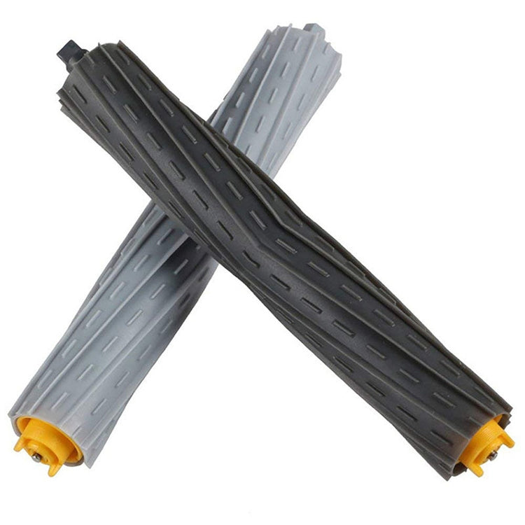 iRobot Roomba dual main brushes, gray and dark rollers with yellow mounting ends