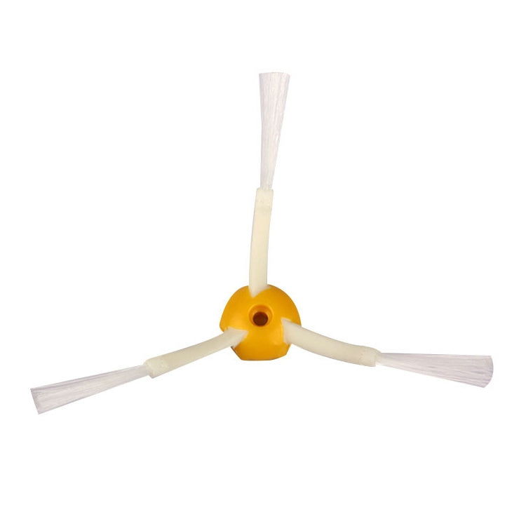 Robot side brush with yellow hub and three white bristle arms