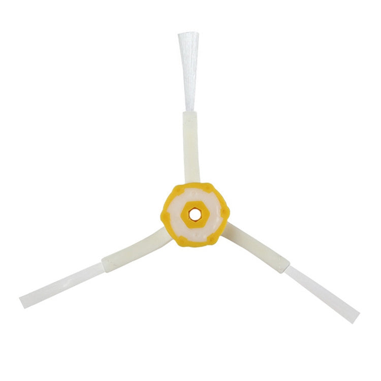 Robot side brush with circular yellow center and three white bristle arms