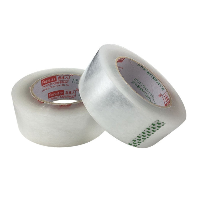 Transparent white packing tape roll with exposed inner cardboard core