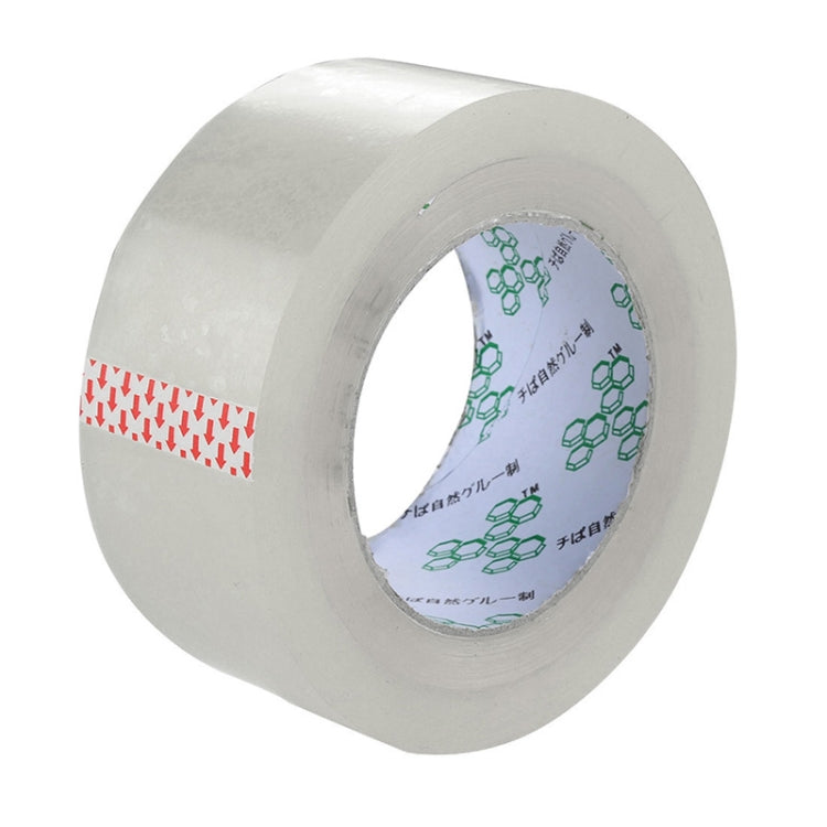 Clear white packing tape roll with printed inner label visible through center