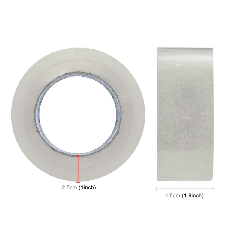 Transparent white tape roll with size markings: 2.5cm inner, 4.5cm outer width