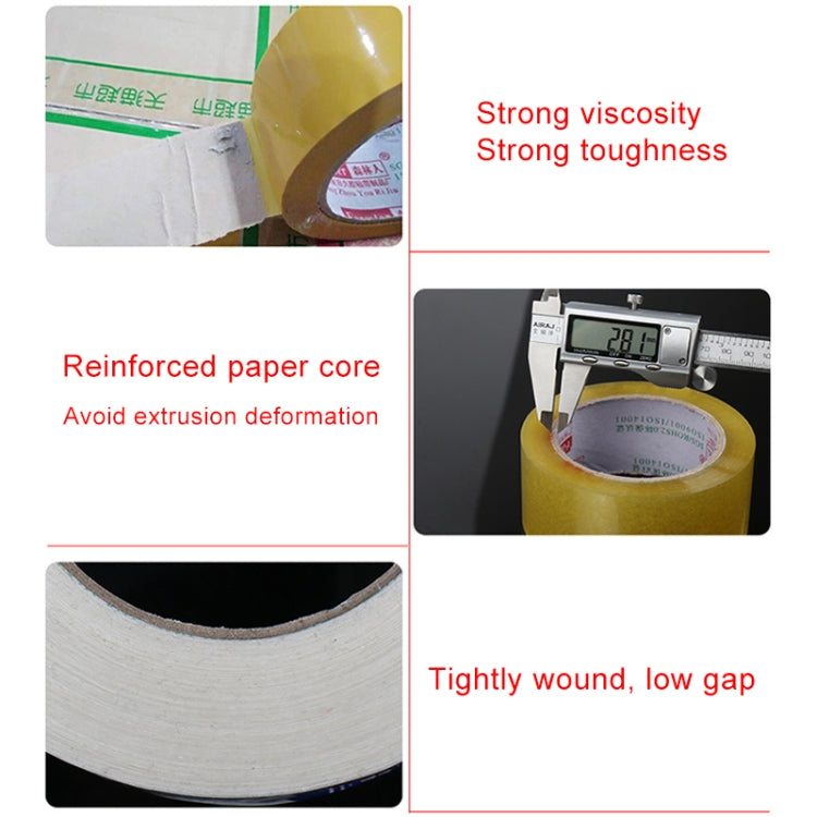 Yellow packing tape roll shown with close-up of adhesive strength and core