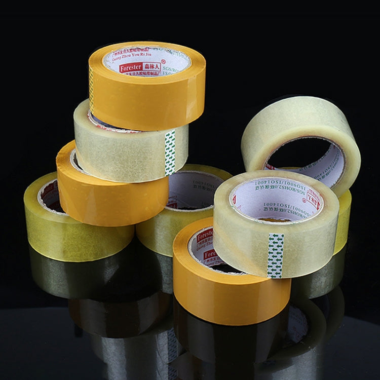 Stacked packing tape rolls in yellow and transparent white on a dark surface