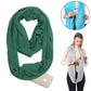 Green infinity scarf with zipper storage pocket, looped and draped