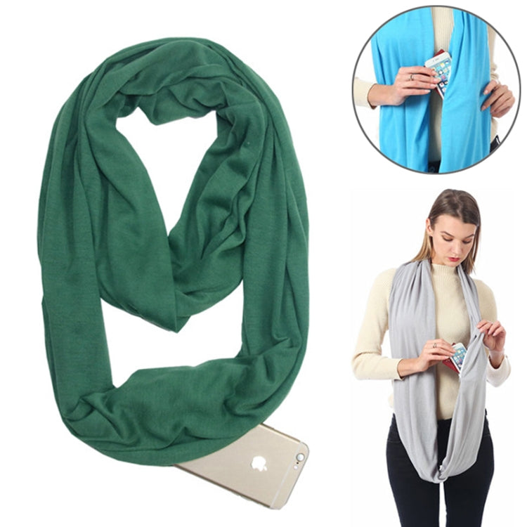 Green infinity scarf with zipper storage pocket, looped and draped