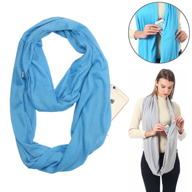 Sky blue infinity scarf with zipper storage pocket, draped loop design