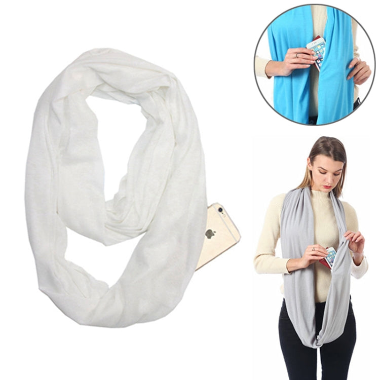 White infinity scarf with zipper storage pocket, looped and draped