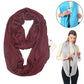 Wine red infinity scarf with zipper storage pocket, looped and draped