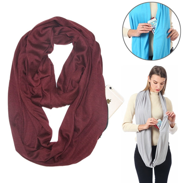 Wine red infinity scarf with zipper storage pocket, looped and draped