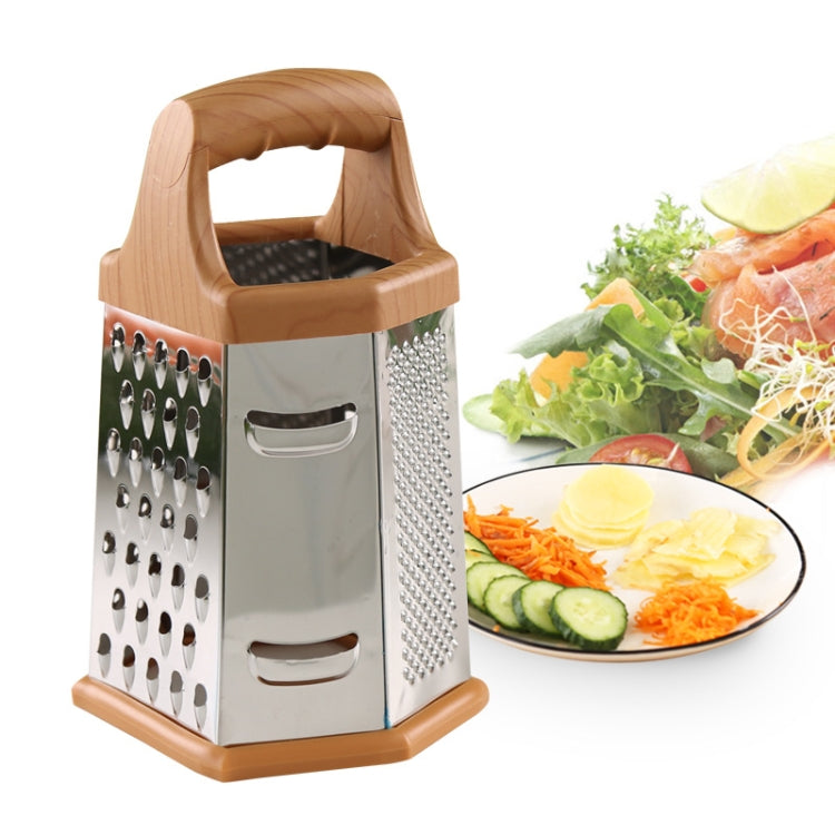 Six-sided vegetable chopper with wooden handle and stainless grating plates