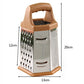 Six-sided vegetable chopper with wooden handle and stainless grater surface, front view