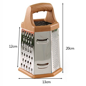 Six-sided vegetable chopper with wooden handle and stainless grater surface, front view
