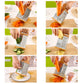 Six-sided vegetable chopper grating vegetables on a cutting board