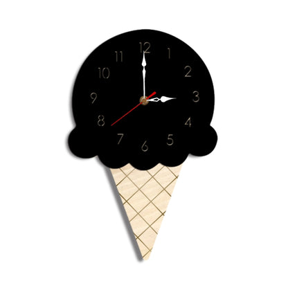 Black ice cream cone wall clock with three hands and gold center, scalloped top
