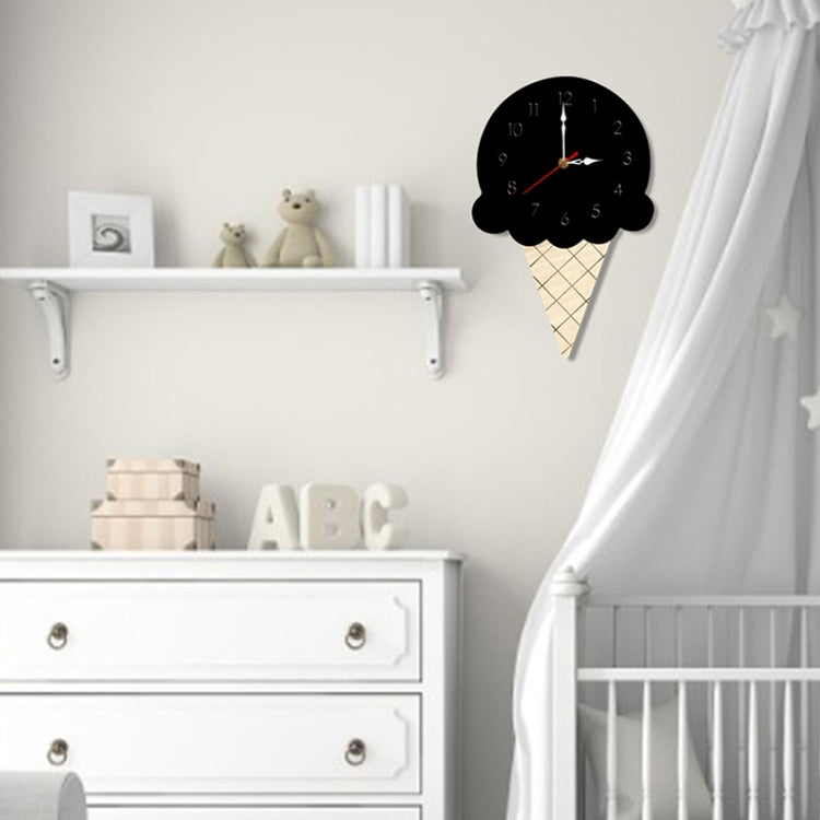 Black ice cream cone wall clock with red and white hands, gold center