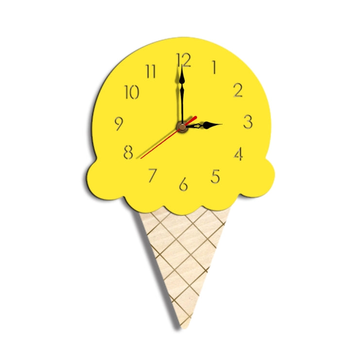 Yellow ice cream cone wall clock with black hands and gold center, numbered face