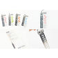 Metal bookmark ruler set with colorful cutout motifs and ruler markings, laid out