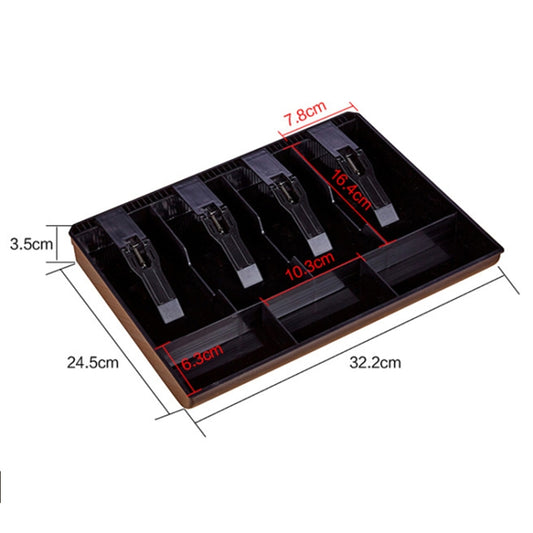 Black four-frame cash tray insert with coin bays and note slot dividers