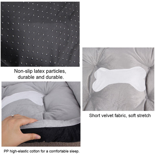Pet bed fabric details showing a non-slip base, plush surface, and padded filling